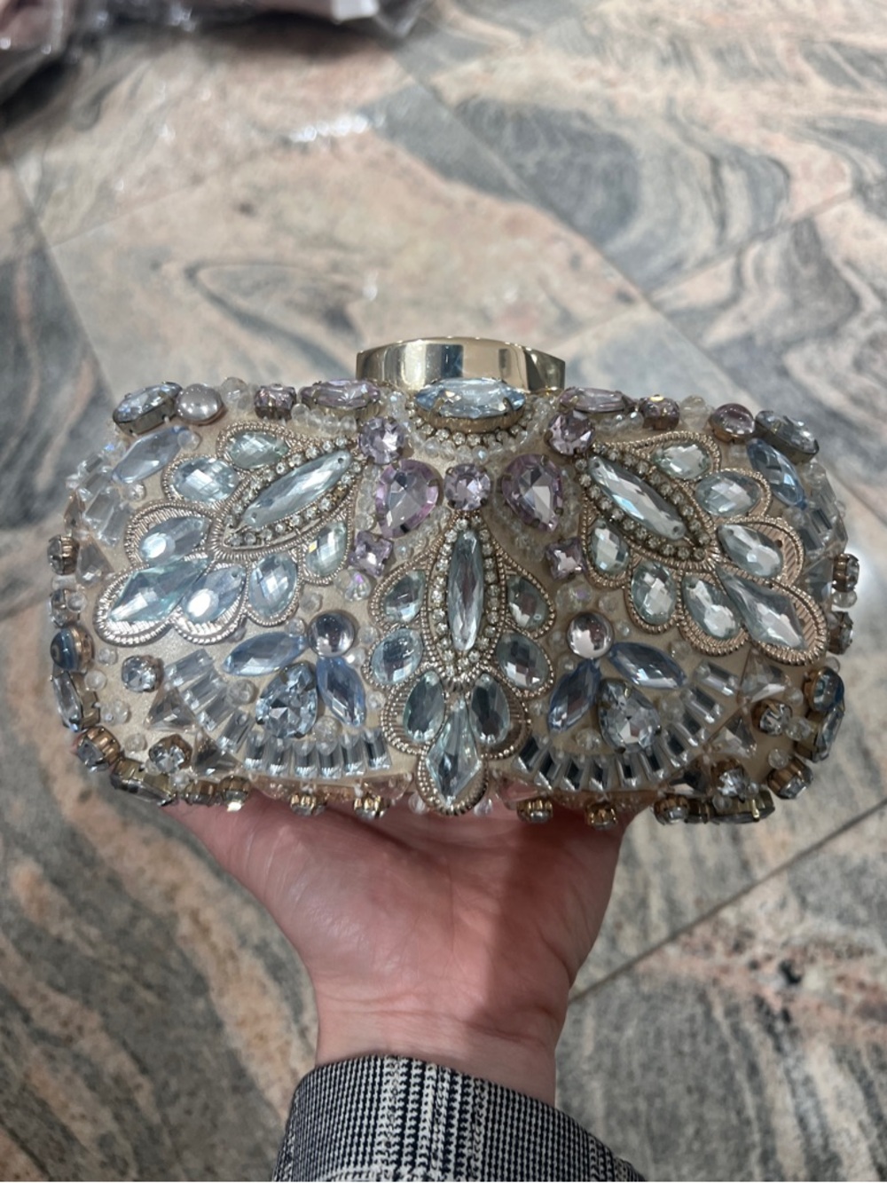 Embellished Crystal Clutch Bag in Pale Blue and Silver